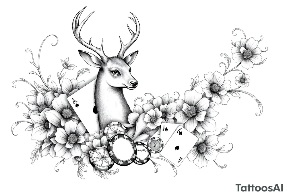Casino theme with deer cards, dice poker, chips, and flowers and swirls in the background for a sleeve half sleeve tattoo idea