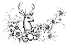 Casino theme with deer cards, dice poker, chips, and flowers and swirls in the background for a sleeve half sleeve tattoo idea