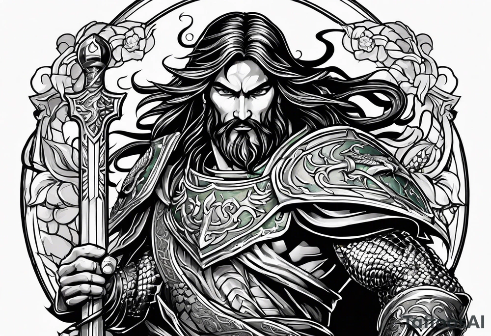 Almighty powerful Jesus in his indestructible armor fighting Serpent tattoo idea