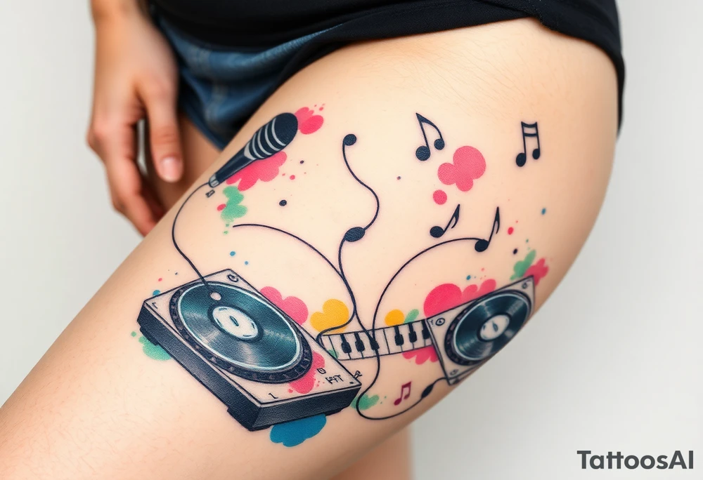 Microphone turntables and music notes graffiti style on a woman's thigh tattoo idea