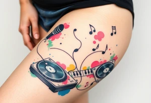 Microphone turntables and music notes graffiti style on a woman's thigh tattoo idea