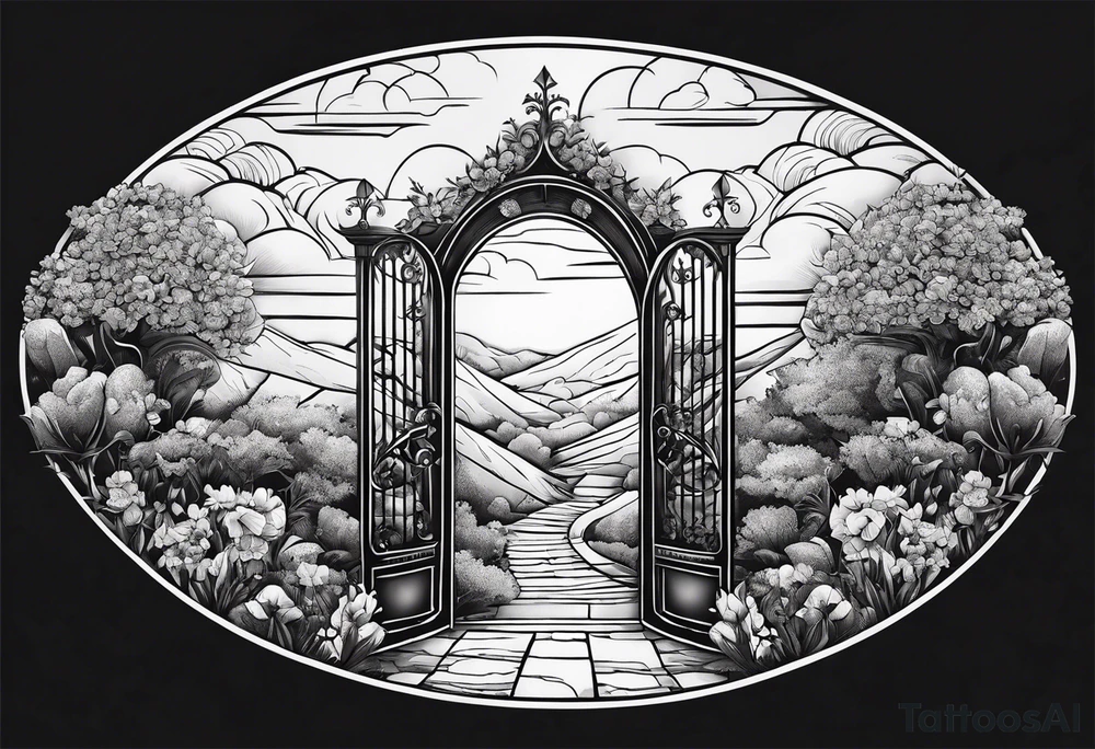 night Nazareth mountains garden gate entrance
in circle vignette surrounded by clouds floral tattoo idea