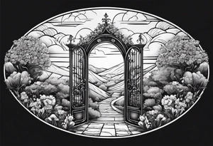 night Nazareth mountains garden gate entrance 
 in circle vignette surrounded by clouds floral tattoo idea