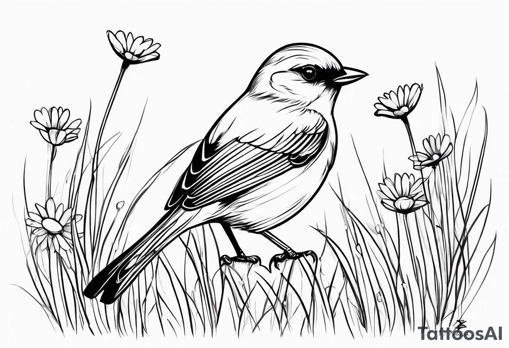 Little bird perched in grass with daisy tattoo idea