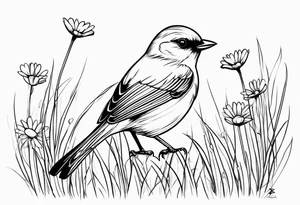 Little bird perched in grass with daisy tattoo idea