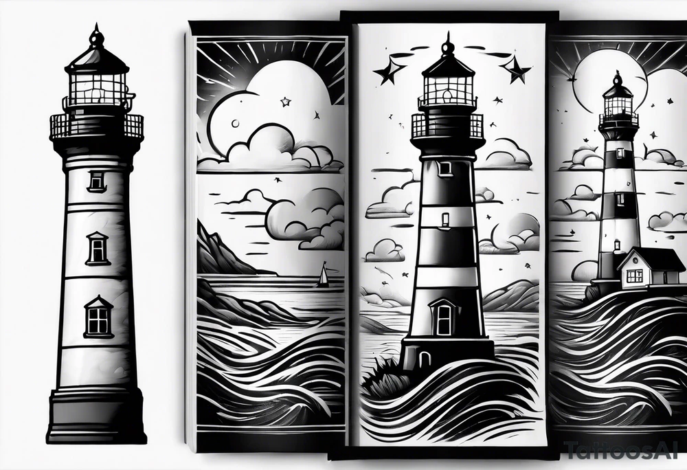 lighthouse shining light onto open book to wrap around forearm tattoo idea