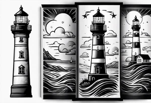 lighthouse shining light onto open book to wrap around forearm tattoo idea