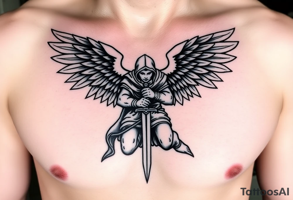 Warrior Angel with long sword  kneeling looking down cloak over head wings
 spread tattoo idea