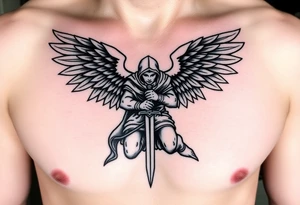Warrior Angel with long sword  kneeling looking down cloak over head wings
 spread tattoo idea