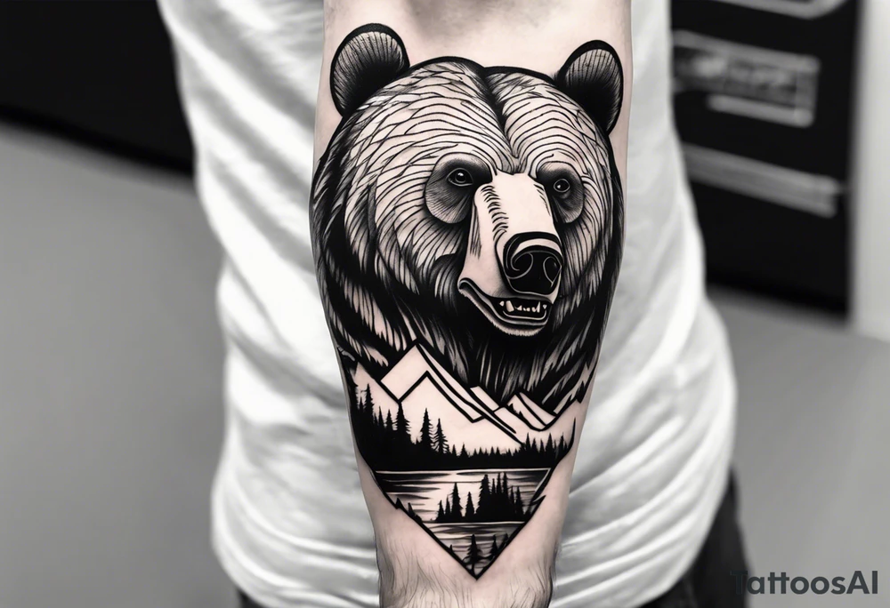 bear head right above the forest line with a lake below, full sleeve tattoo tattoo idea