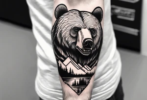 bear head right above the forest line with a lake below, full sleeve tattoo tattoo idea