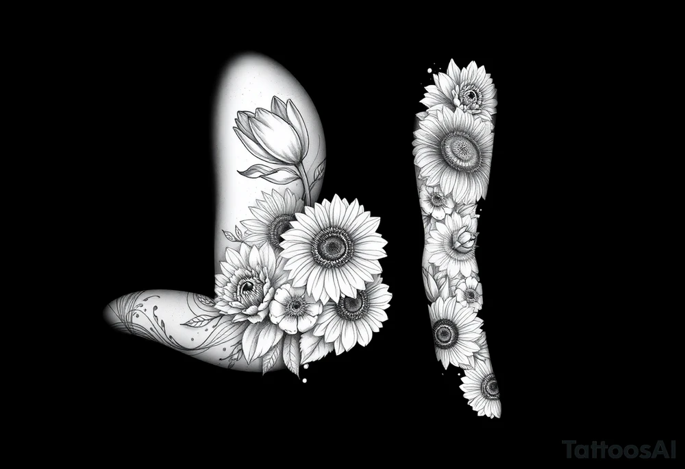 Create a design full sleeve arm tattoo with Tulip 
Sunflower ,Roses ,Bee ,Water,Fire ,Earth,Wind,Phoenix,Evil eye ,888 tattoo idea