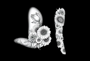 Create a design full sleeve arm tattoo with Tulip 
Sunflower ,Roses ,Bee ,Water,Fire ,Earth,Wind,Phoenix,Evil eye ,888 tattoo idea