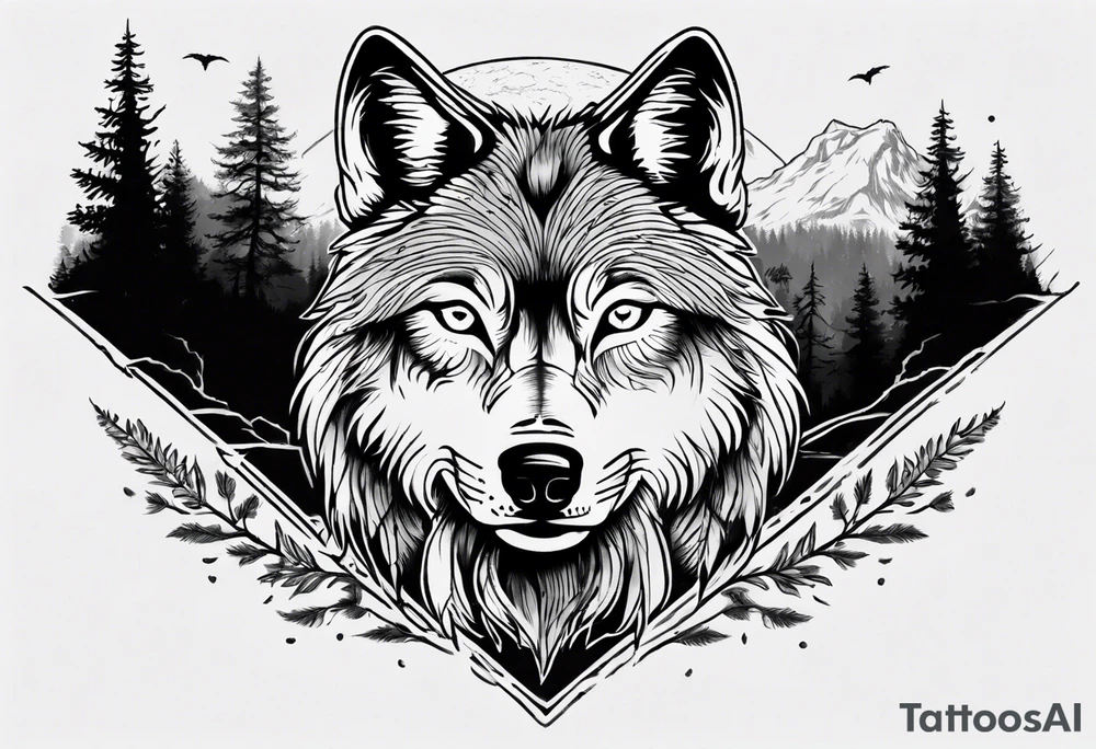 Wolf face with nature in the back ground tattoo idea