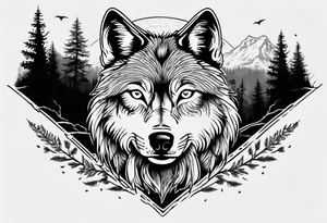 Wolf face with nature in the back ground tattoo idea
