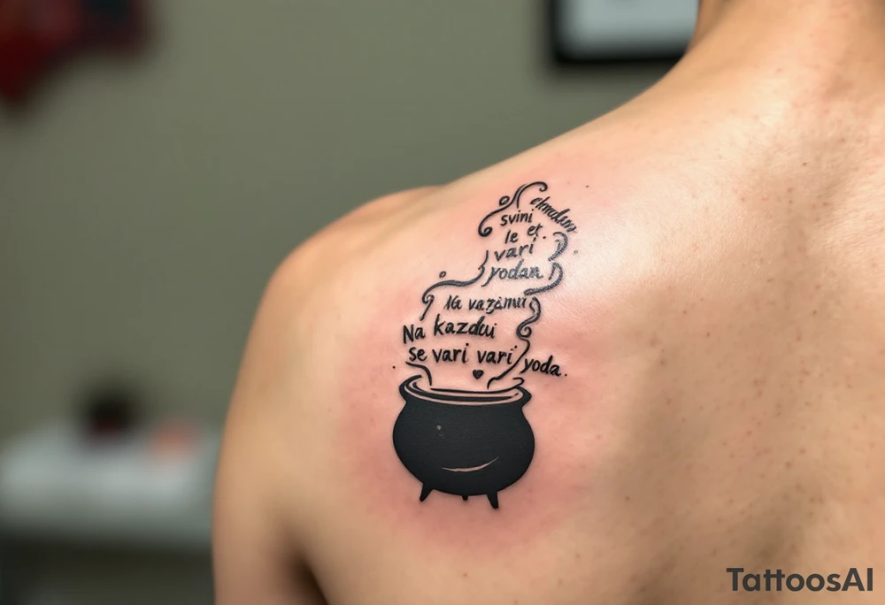 "Na kazdou Svini se vari voda." — A boiling cauldron with a pig silhouette formed in steam, inked in dark greens and browns, and the quote spiraling upward. tattoo idea