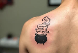 "Na kazdou Svini se vari voda." — A boiling cauldron with a pig silhouette formed in steam, inked in dark greens and browns, and the quote spiraling upward. tattoo idea