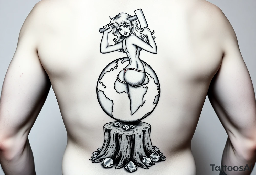 a pin up girl that is naked and has very large breasts wearing a g string thong. the pin up girl is swinging an ax onto a earth globe. the earth globe is being compressed by the axe and is flattened slightly and not round, the earth globe is located on top of a tree stump, there is a pile of diamonds below the tree stump tattoo idea