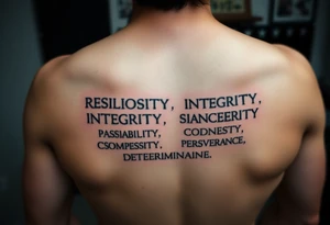 RESILIENCE CURIOSITY INTEGRITY
PASSION SINCERITY CONFIDENCE
RELIABILITY COMPASSION SINCERITY
HONESTY PERSEVERANCE DETERMINATION tattoo idea