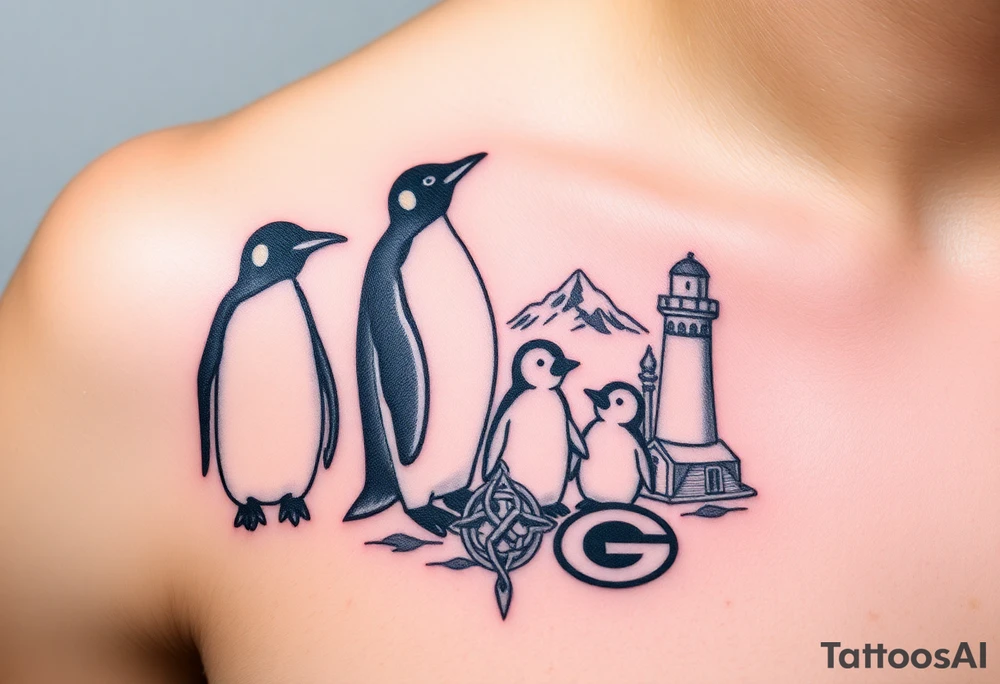 compilation outlining important things in my life such as one adult emperor penguin and 3 baby penguins, celtic trinity knot, lighthouse, mountains/nature, the green bay packers, and something to represent my 3 boys tattoo idea