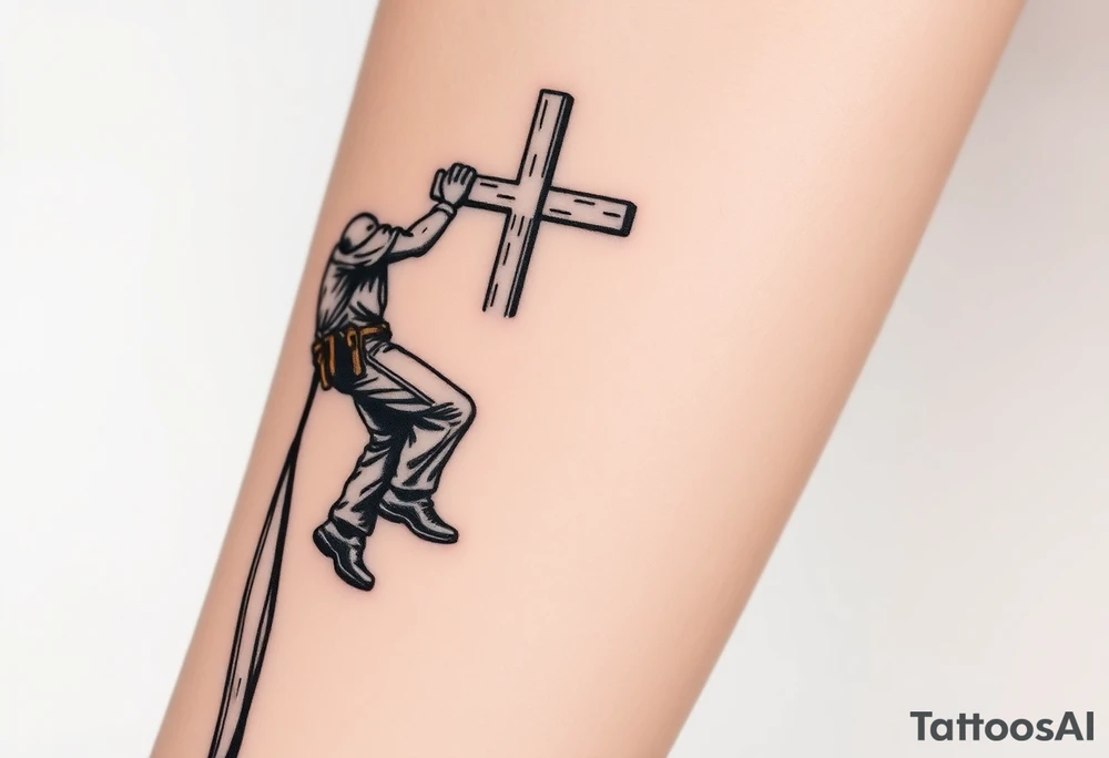power lineman climbing a wooden 12kv pole. Make the pole a cross that has a hidden resemblance to god. tattoo idea