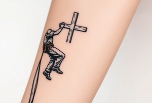 power lineman climbing a wooden 12kv pole. Make the pole a cross that has a hidden resemblance to god. tattoo idea