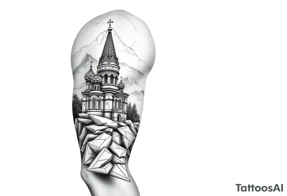 russian orthodox christian left arm tattoo with st basils cathederal in a mountainous setting tattoo idea