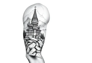 russian orthodox christian left arm tattoo with st basils cathederal in a mountainous setting tattoo idea
