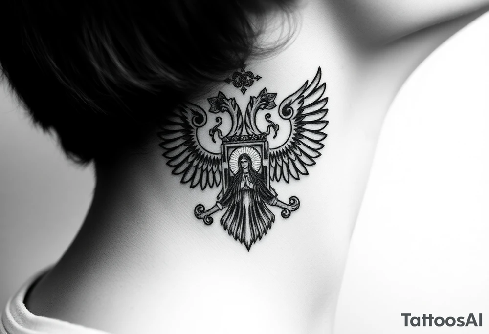 russian coat of arms double headed eagle traditional christian orthodox cross with a virgin mary stood in the entrance of a russian orthodox dome church on the side of the neck in a wilderness setting tattoo idea