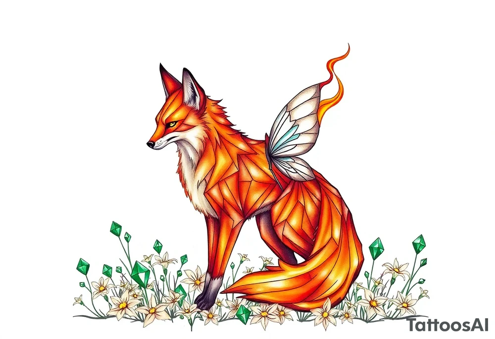 Fox made of fire with a fairy standing close to it  in a field of lillys and emerald jem stones tattoo idea