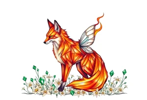 Fox made of fire with a fairy standing close to it  in a field of lillys and emerald jem stones tattoo idea
