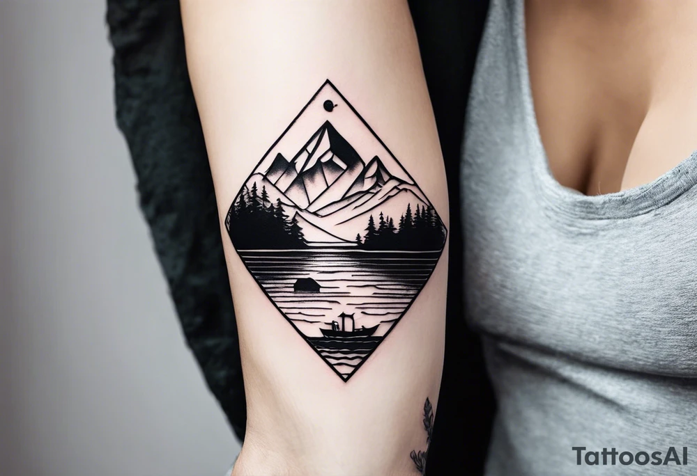 This is a minimalistic tattoo that is split into 2 sections; a top half and a bottom half. The top half is a mountain in Norway with a mountain bike trail winding down the mountain. The bottom half of the tattoo depicts an underwater scene featuring water, and sea life. tattoo idea