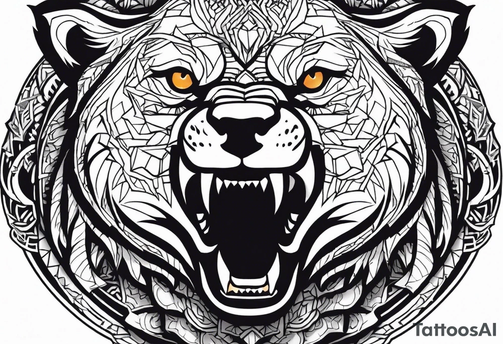 A tattoo designed for the knee, featuring the face of a feral bear with wild, exaggerated features, such as sharp fangs, intense eyes, and a snarling expression. The design incorporates large areas of white space for contrast, with beams of light or energy radiating outward from the beast’s eyes in a chaotic and powerful pattern. The overall look should be bold and primal, with flowing lines that adapt naturally to the curvature of the knee. tattoo idea