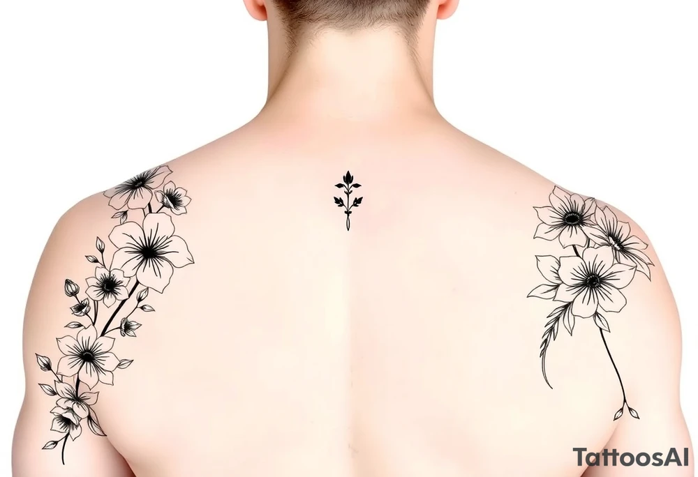 Full sleeve tattoo design of larkspur and hawthorn flowers, highly detailed line art, black ink, elegant botanical style, intertwined composition, no shading, no human mock-up, clean stencil style suitable for tattooing, fit fully within boundaries. LINE ART ONLY, REMOVE HUMAN, NO SKIN tattoo idea