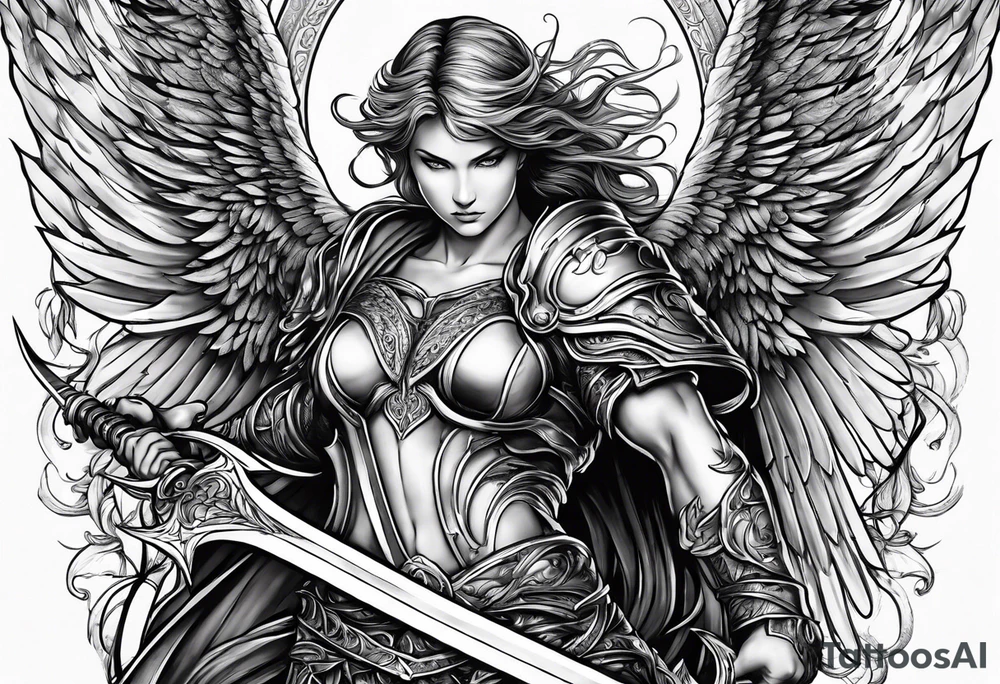 Angel with long sword atop a demon slain in single line tattoo idea