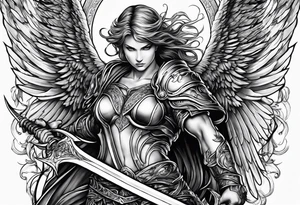 Angel with long sword atop a demon slain in single line tattoo idea