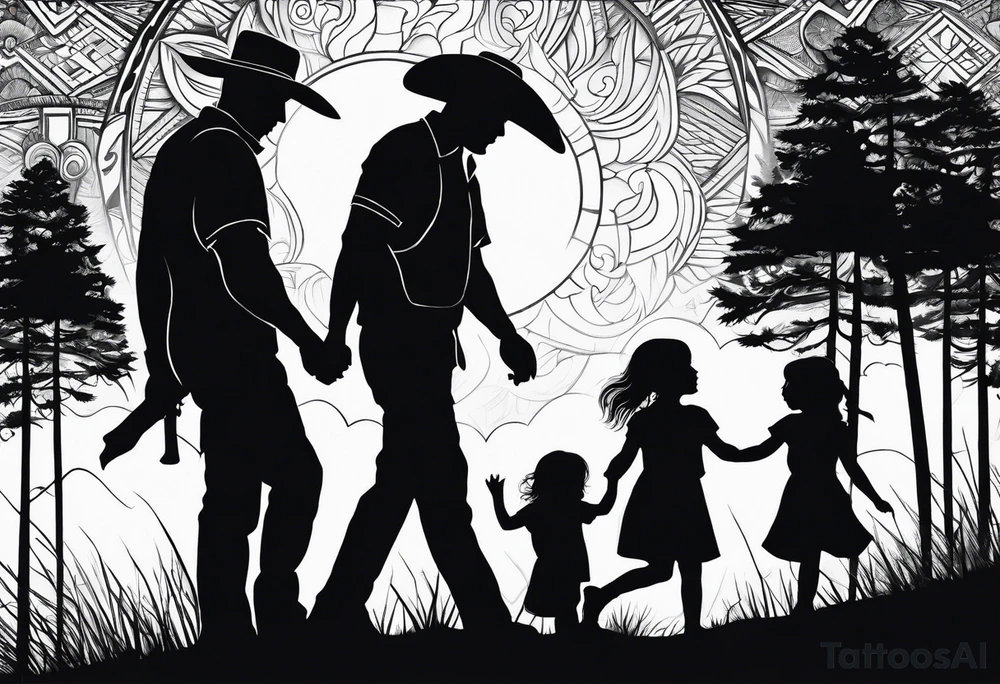 Pacific Northwest landscape, father , mother,  son and daughter shadow
. Mexican American inspiration tattoo idea