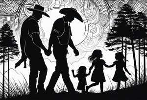 Pacific Northwest landscape, father , mother,  son and daughter shadow
. Mexican American inspiration tattoo idea