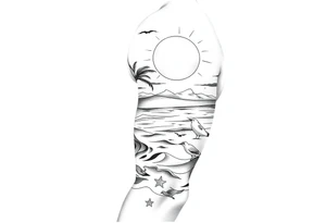fine line, peaceful, serene, timeless, ocean, sand, palm tree, seagulls, sun tattoo idea