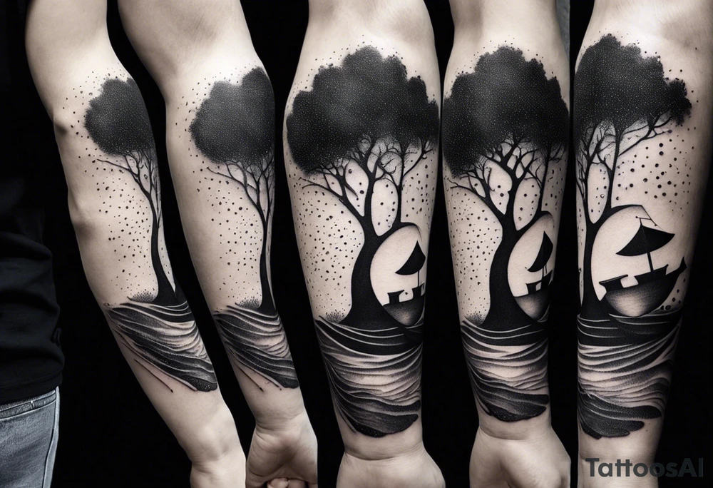 lots of empty space with simple line of icons down the back of the arm. there are four icons in this order:

1. a music note on a staff
2. a wave of water
3. a pocket
4. mushroom tattoo idea