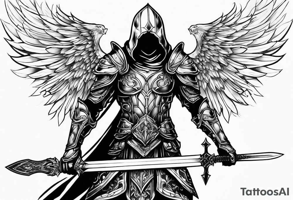 Arch angel hood fighting sword male full body heavenly armor tattoo idea