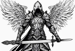 Arch angel hood fighting sword male full body heavenly armor tattoo idea