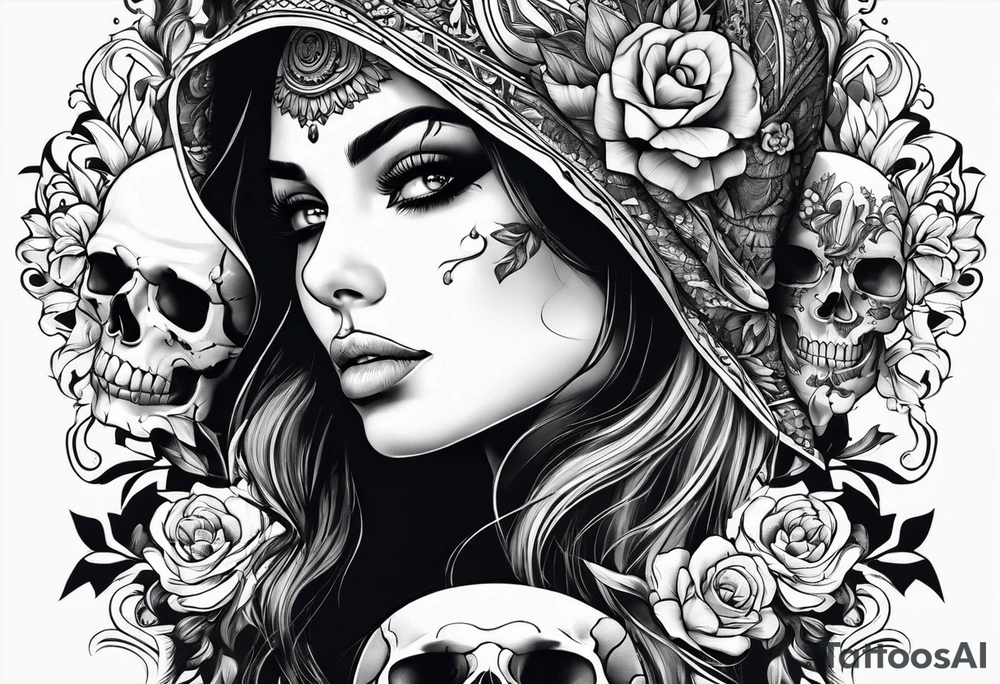 woman face with a skull tattoo idea