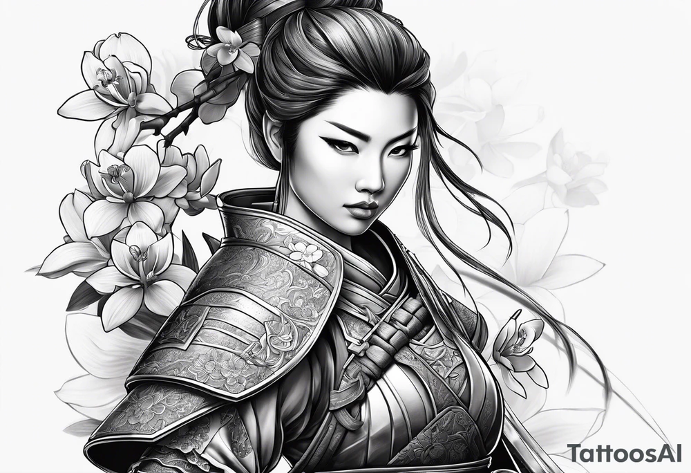Female samurai in armor with sword and orchids tattoo idea