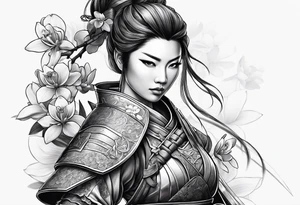 Female samurai in armor with sword and orchids tattoo idea