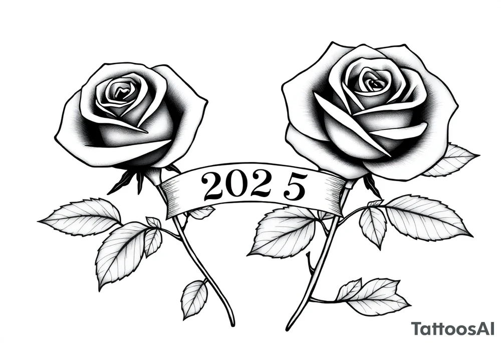 two beautiful large rose buds, one larger than the other, with many leaves next to the rose buds, with one sitting higher than the other. Include a banner connecting the two roses with the year "2025" on it.   Use dark outlines with little shading. The two stems should be short, not long, and connect and join into one stem, whimsically curved or twisted - not straight down. tattoo idea