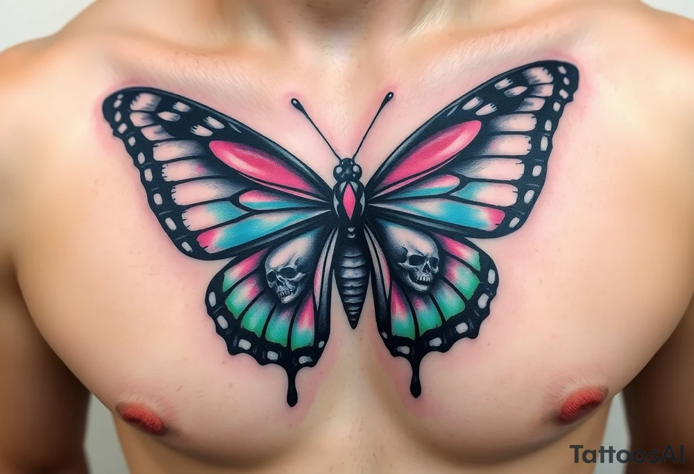 evil powerful majestic and dark monarch butterfly with  graffiti skull detail as the body hidden skulls in wings, skull detail making the body of the butterfly with a horror style effect, including aqua, pink and green colouring
placement on chest at collarbone tattoo idea