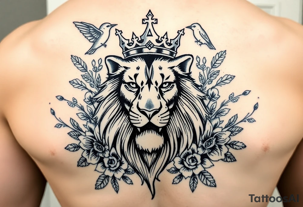powerful majestic lion with a crown, surrounded by floral ornaments and birds tattoo idea