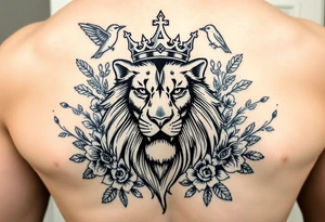powerful majestic lion with a crown, surrounded by floral ornaments and birds tattoo idea