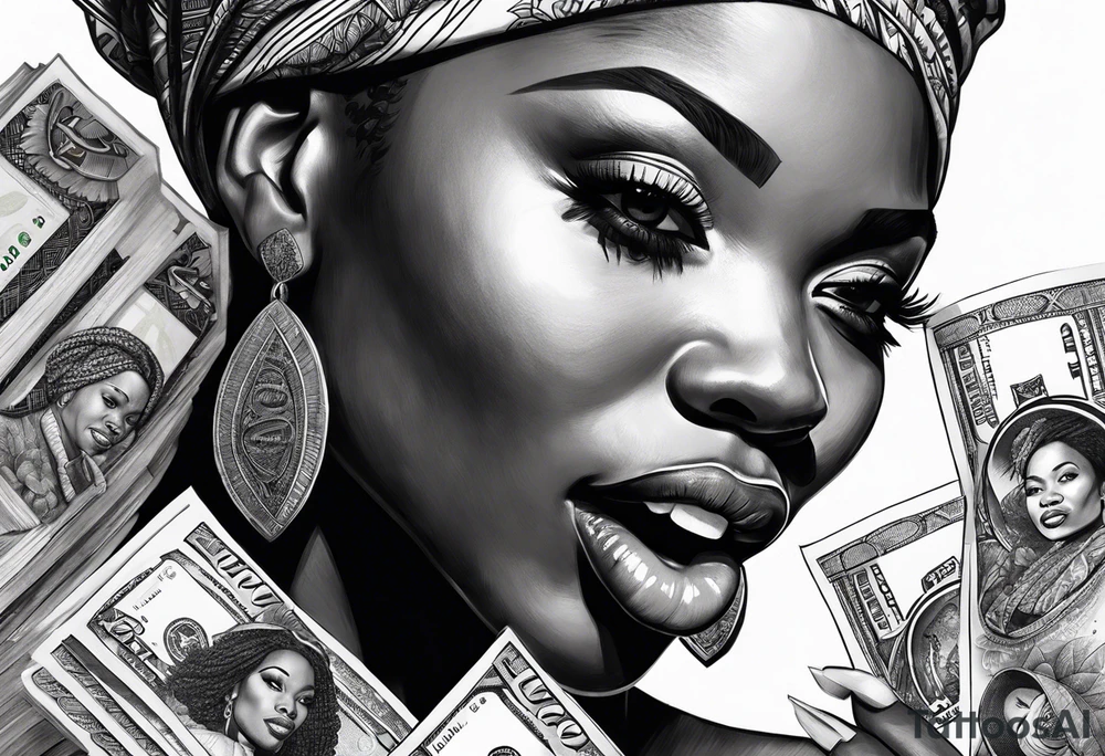 african woman biting money tattoo idea